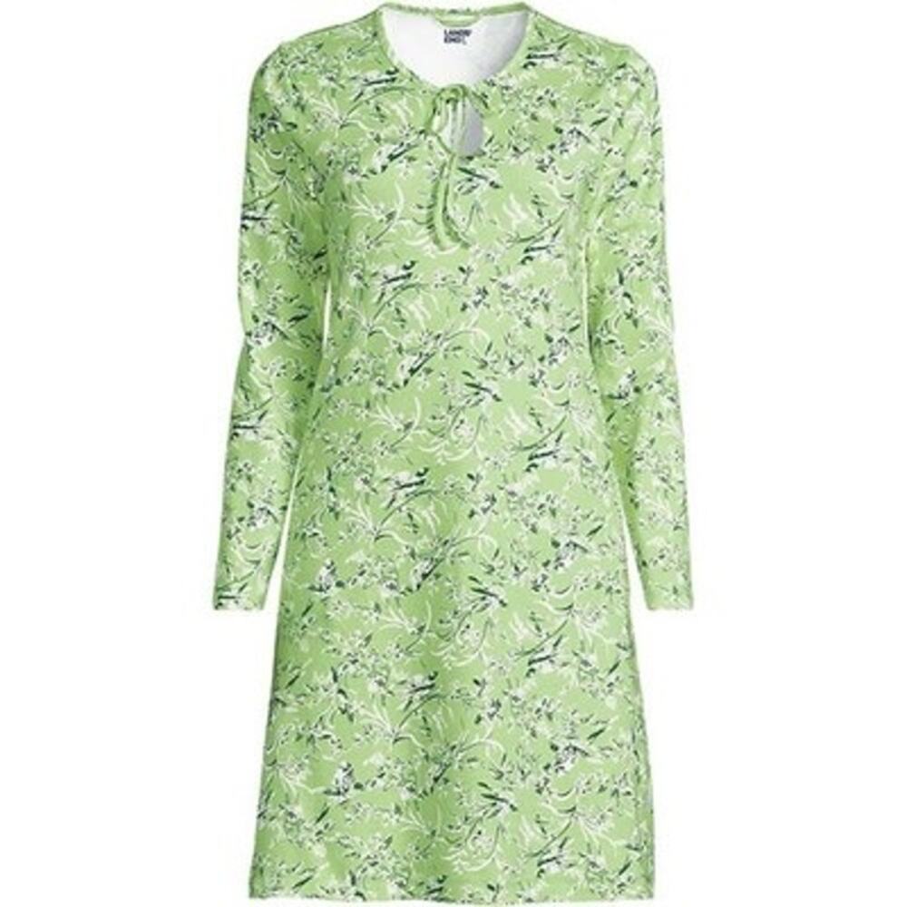 Lands’ End Sleep Shirt Nightgown Green Bird Print Long Sleeve Large Petite 14-16